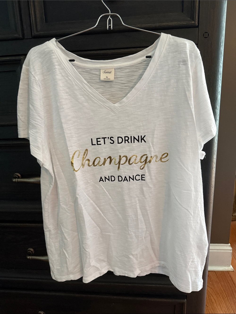 Soma White V-Neck Tee with Gold Script